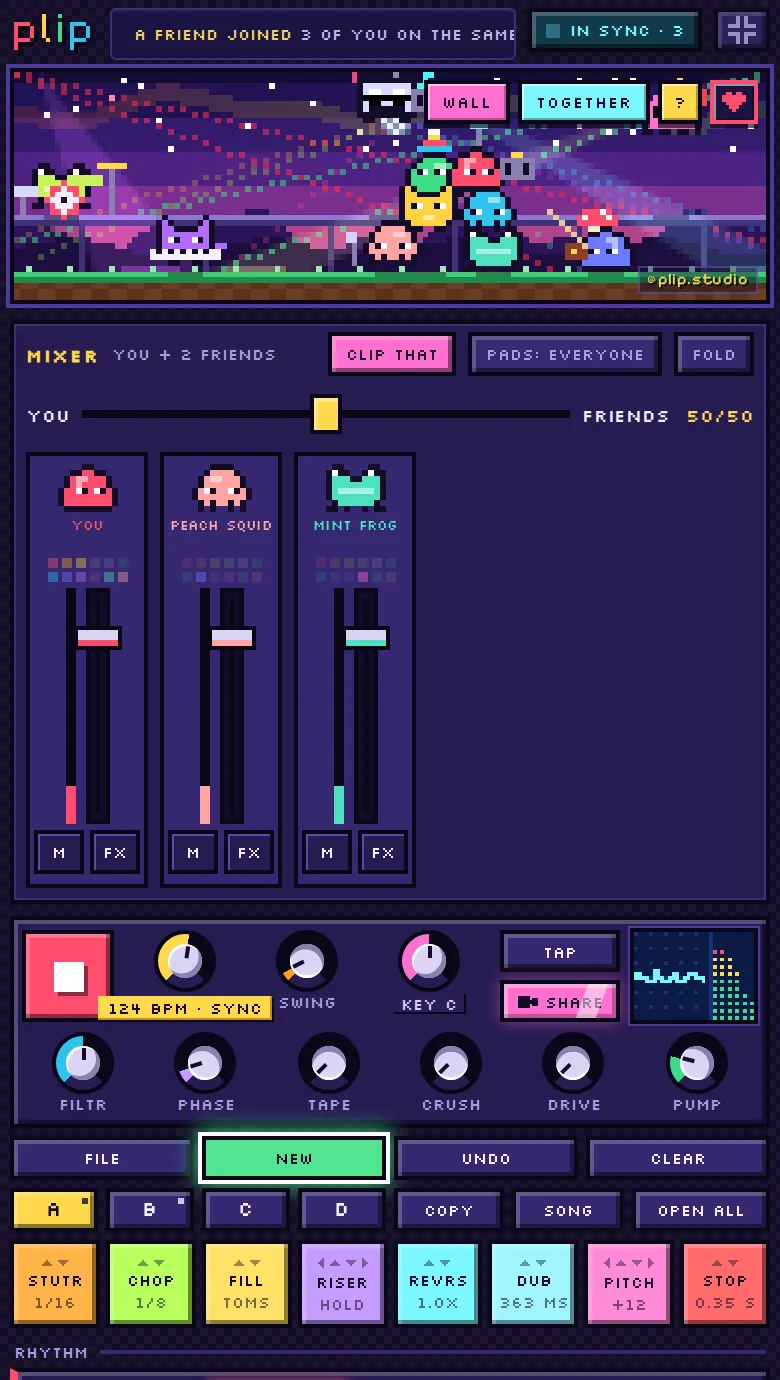 plip on a phone in TOGETHER: IN SYNC with 3 phones, the party of critters, and a mixer with a strip for you and each friend