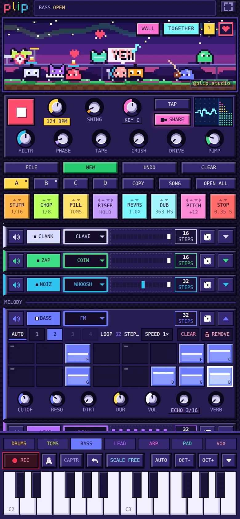 plip with the BASS track open: a step grid with note names, knobs for cutoff, resonance, dirt and duration, and the page bar with AUTO, LOOP and SPEED