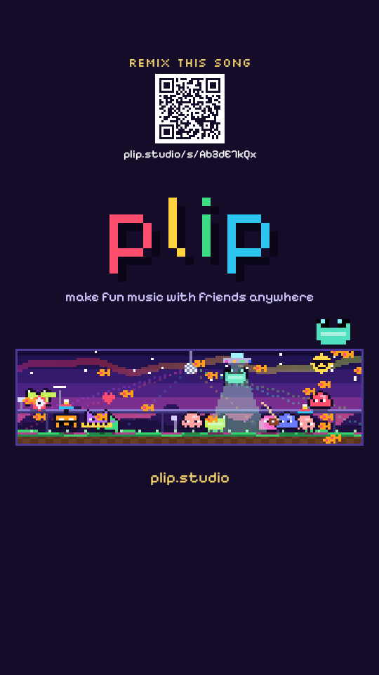 The last moment of a plip video: REMIX THIS SONG with a QR code and a short link, the plip logo, the party of critters, and a mint frog in shades hopping on the frame