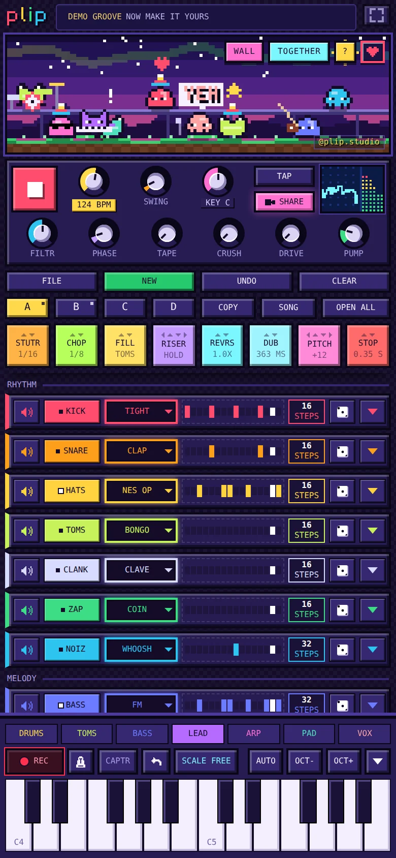plip on a phone: the party stage with dancing critters, the master knobs, eight FX pads and the instrument tracks above a keyboard