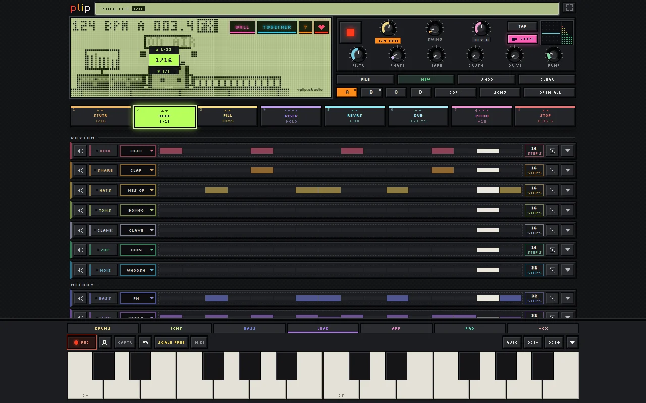 plip on a laptop in the studio look: a dot-matrix LCD with the tempo and pattern, CHOP held at 1/16, the master knobs and the instrument rows above a cream and black keyboard