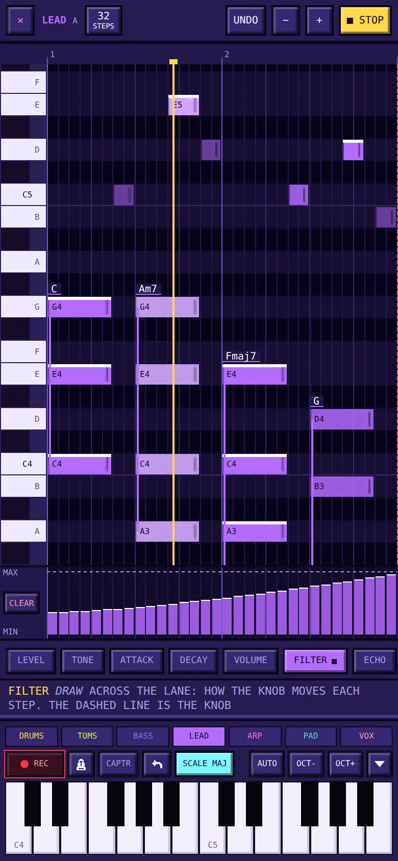 The piano roll on a phone: two bars of LEAD with C, Am7, Fmaj7 and G chords named on chips, a melody above them with accented notes, the playhead, and a FILTER lane below drawn as a rising sweep