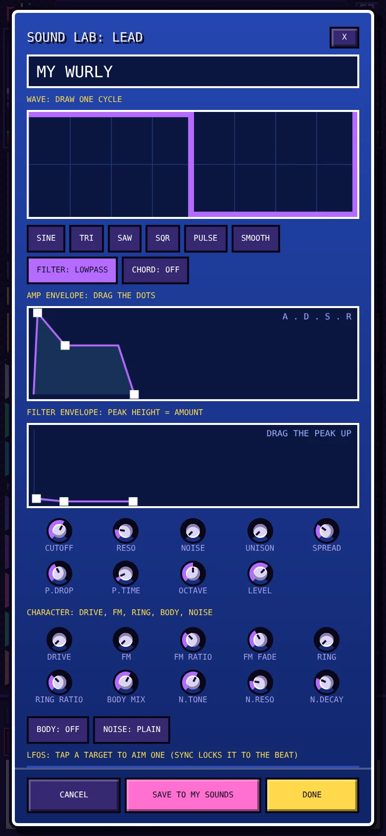 The Sound Lab: a drawn single-cycle wave, an amp envelope and a filter envelope drawn as dots, and knob rows for cutoff, resonance, noise, unison and the CHARACTER section