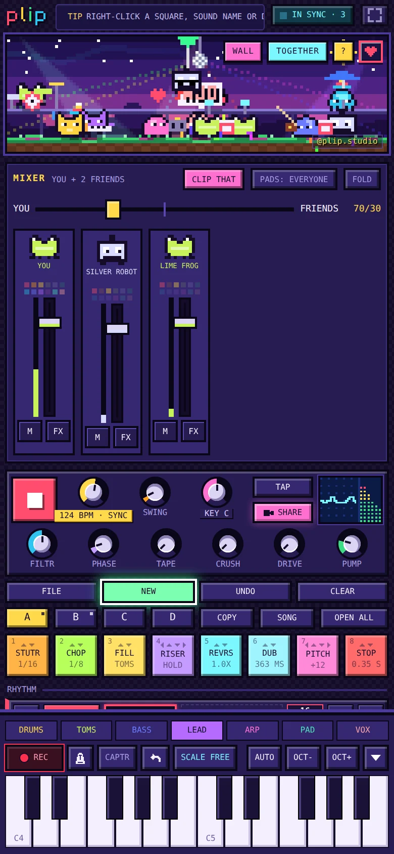 plip in TOGETHER: an IN SYNC chip, the mixer with a YOU and FRIENDS slider, and a channel strip for each friend shown as their critter